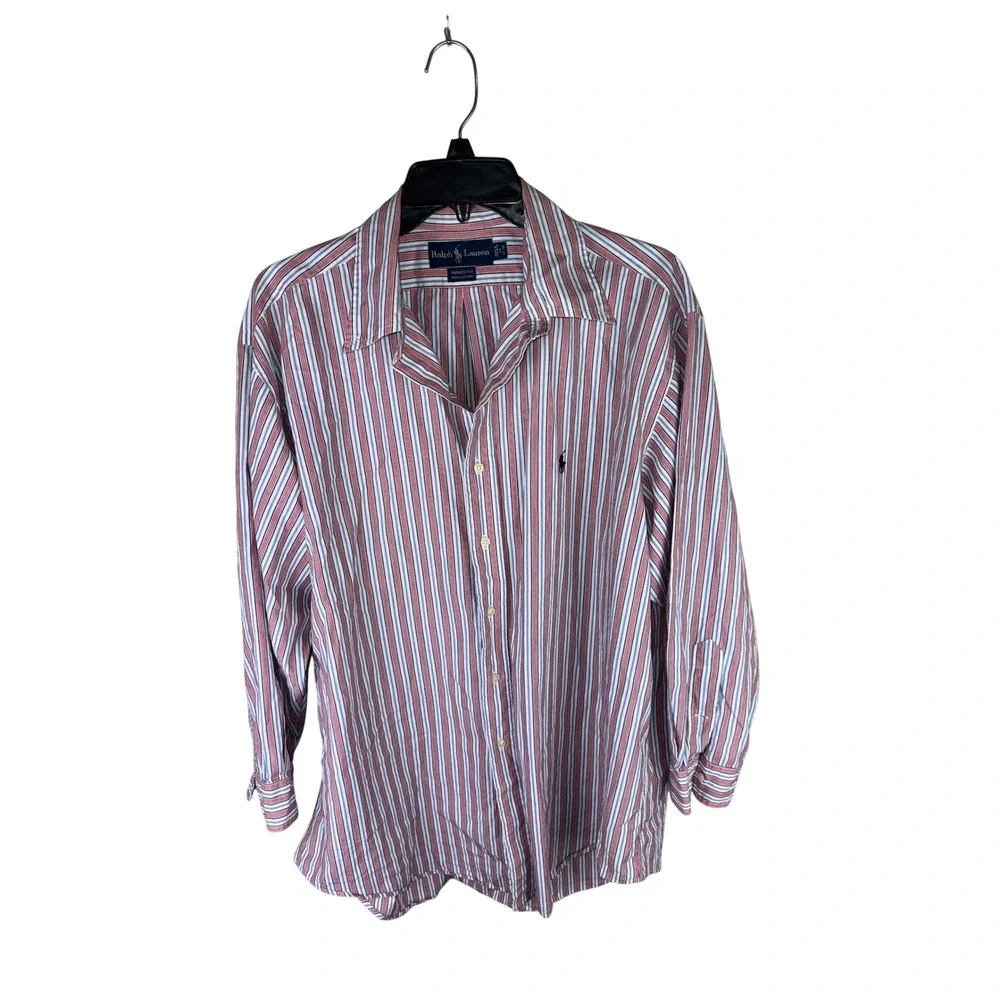 Polo Ralph Lauren Yarmouth Shirt Mens 17 32/33 Red Blue White Striped Cotton L/S